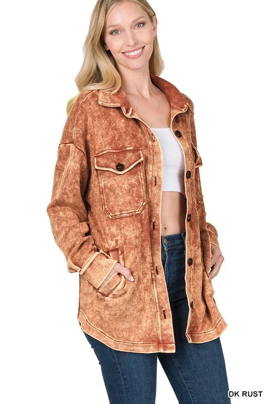 Zenana ACID WASH SHACKET Business Casual Blouse