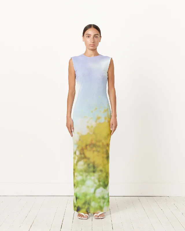 Blurred Maxi Dress in Purple/Yellow Comfortable Fitted Maxi Dress