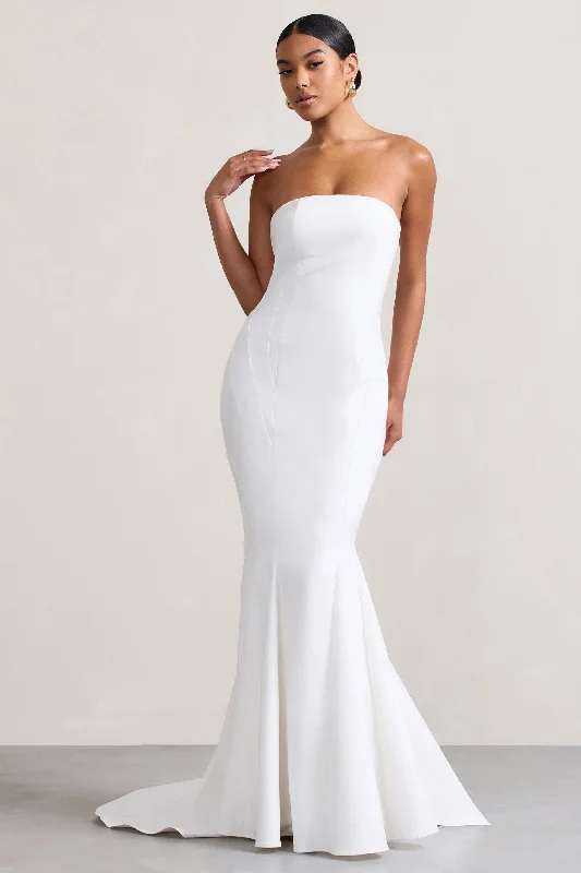 Adored | White Strapless Structured Fishtail Maxi Dress Elegant Silk Maxi Dress