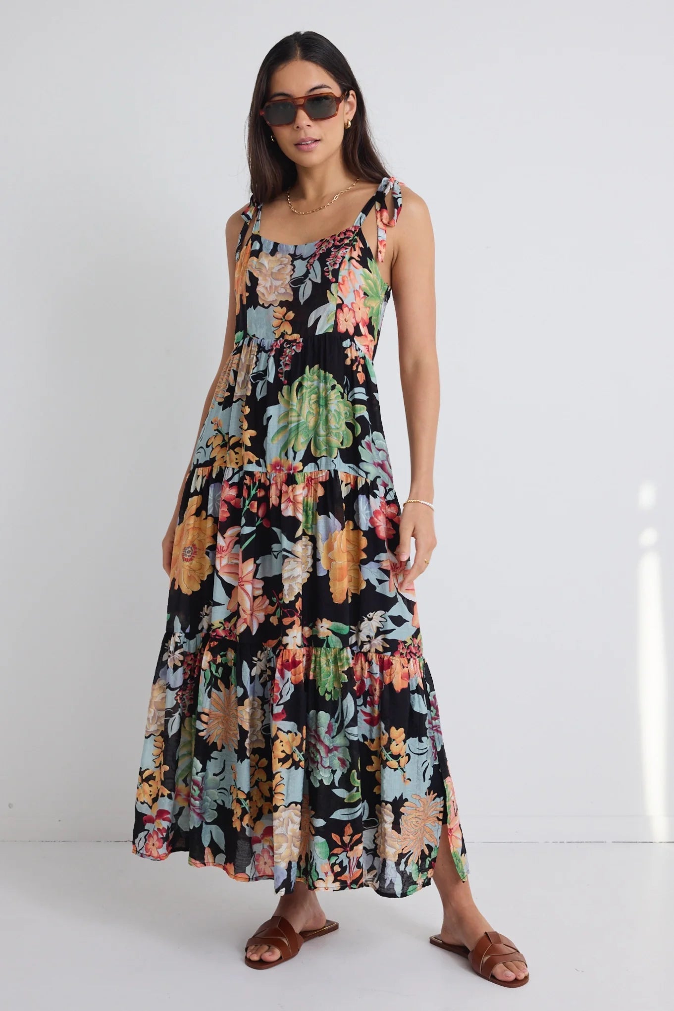 AMONG THE BRAVE - Nimbus Strappy Tiered Maxi Dress - Tropical Black Stylish Button-Up Maxi Dress