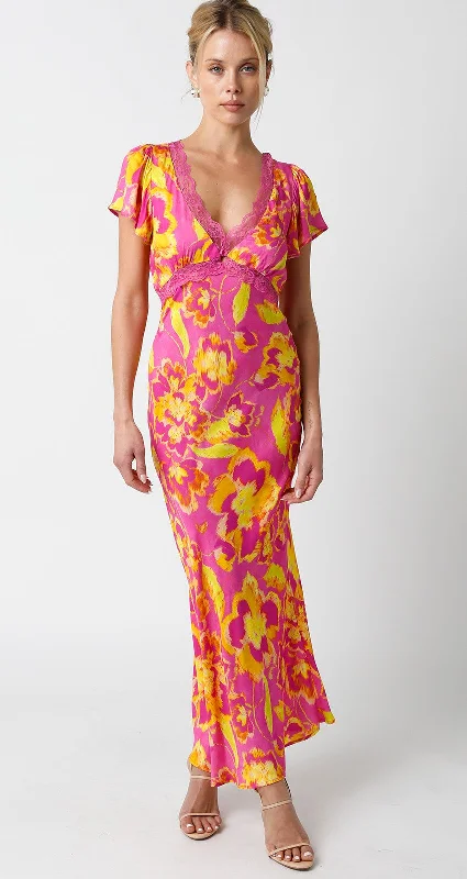 Anyone But You Pink and Yellow Print Maxi Dress Elegant Sleeveless Maxi Dress