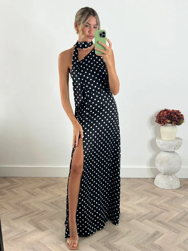 Arielle One-Shoulder Satin Maxi Dress in Mono Spot Fashionable Sleeveless Maxi Dress