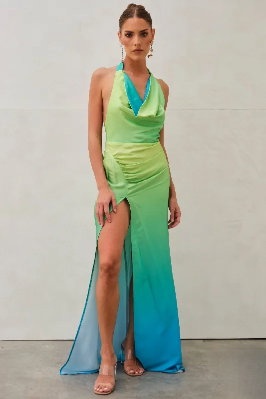 Ola Ombre Halter Maxi Dress Green & Blue Trendy A-Line Maxi Dress