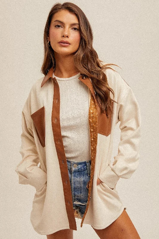 Autumn Aura Faux Leather Contrast Shacket Wrap Front Blouse