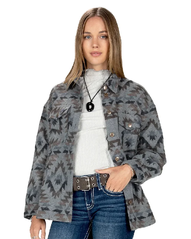 Women's Aztec Button Up Shacket Pleated Collar Blouse
