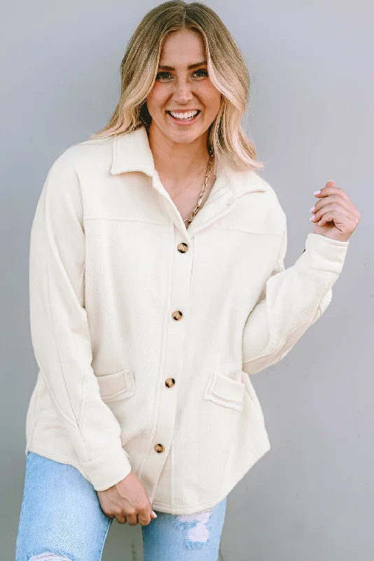 Beige Button-Up Stitching Pocket Raw Hem Shacket Floral Chiffon Blouse