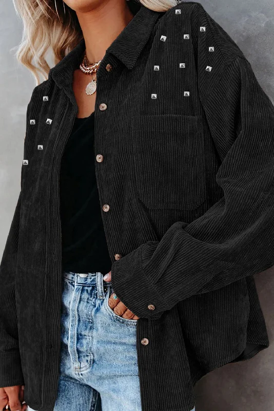 Black Beads Stud Corduroy Button up Shacket Embellished Collar Blouse