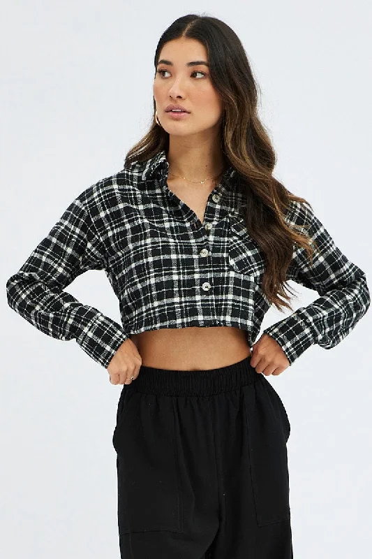 Black Check Crop Shacket Long Sleeve Collared Fleece Wrap Front Blouse
