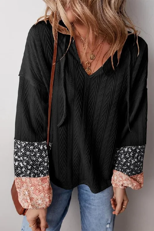 Black Floral Patchwork Textured Knit Drawstring V Neck Blouse Soft Knit Blouse