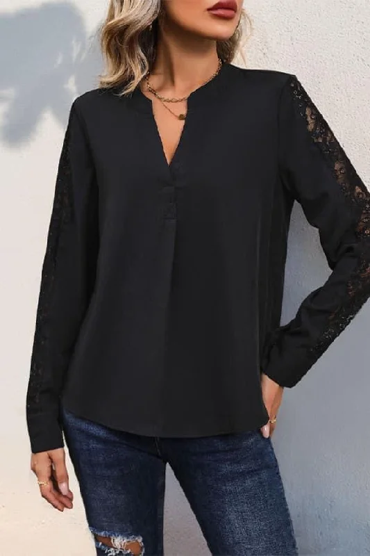 Black V Neck Lace Sleeves Blouse Ruched Sleeve Blouse