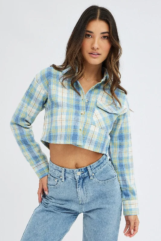 Blue Check Crop Shacket Long Sleeve Collared Fleece High Neck Blouse