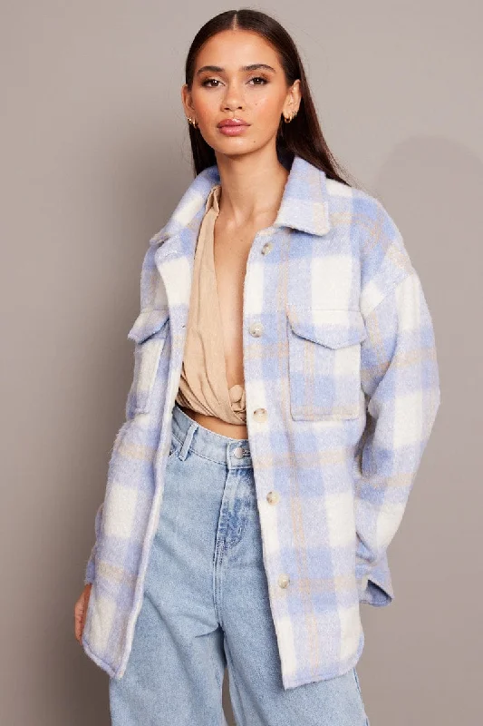Blue Check Shacket Long Sleeve Elegant Office Blouse