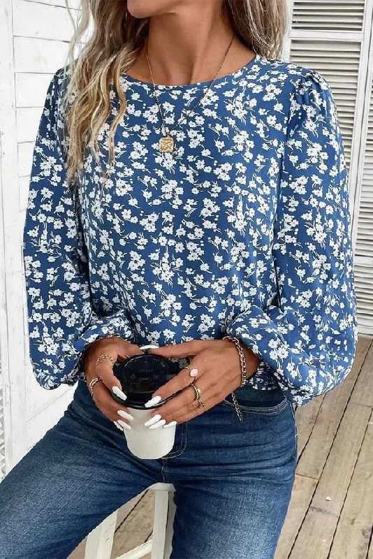 Blue Ditsy Floral Print Lantern Sleeve Blouse Asymmetric Hem Blouse