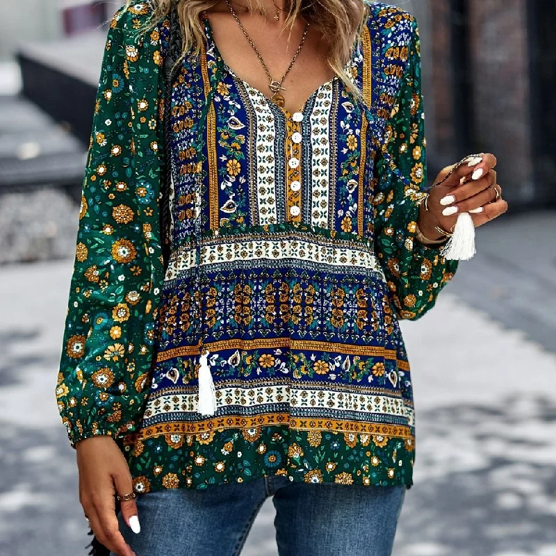 Bohemian Buttoned Tassel Puff Sleeve Blouse Casual Relaxed Blouse