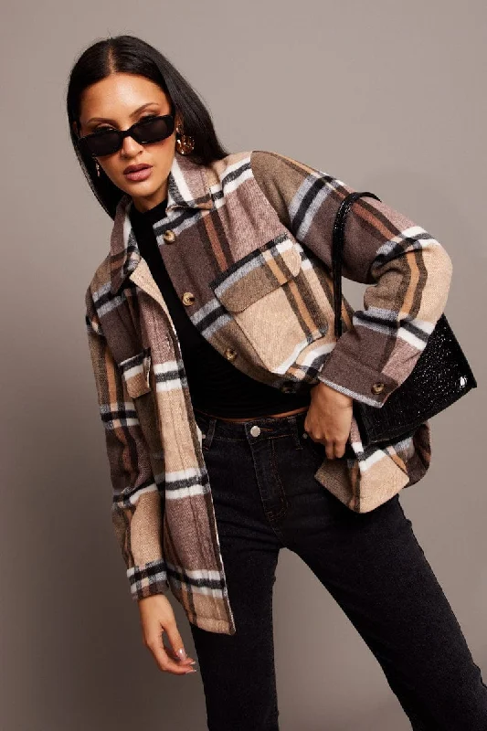 Brown Check Shacket Long Sleeve Lined Bell Sleeve Blouse