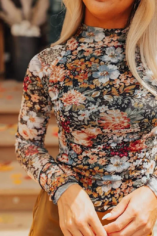 Brown Floral Long Sleeve High Neck Sheath Mesh Blouse Casual Relaxed Blouse