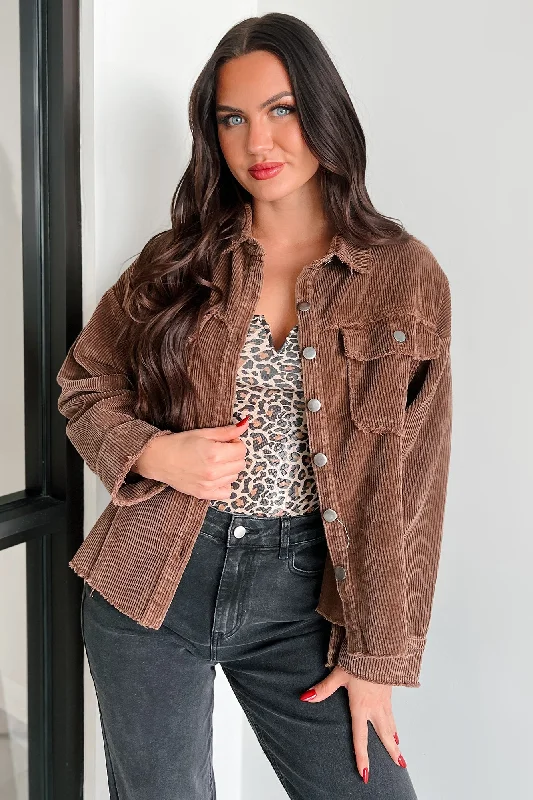 Casually Coasting Corduroy Shacket (Brown) Wrap Front Blouse