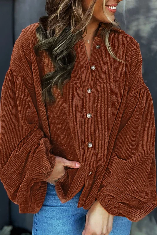 Coffee Textured Corduroy Puff Sleeve Shacket Feminine Tie Blouse