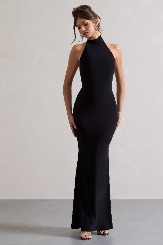 Colorado | Black High-Neck Fishtail Maxi Dress Cozy Open-Back Maxi Dress