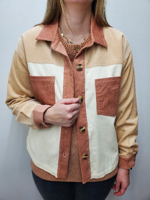 CORDUROY COLORBLOCK SHACKET - ROSE/TAN/WHITE Sleeveless Summer Blouse
