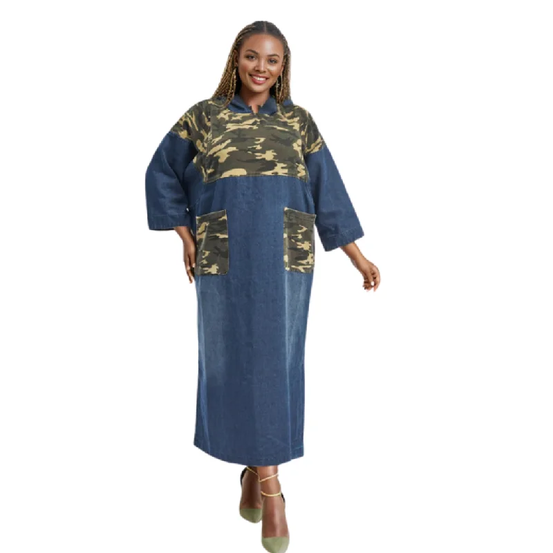 Denim Hooded Maxi Dress Camouflage Chic Boho Print Maxi Dress