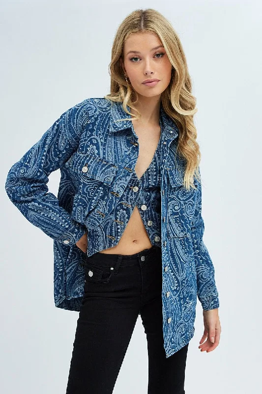 Denim Paisley Shacket Long Sleeve Collared Paisley Denim Feminine Puff Blouse