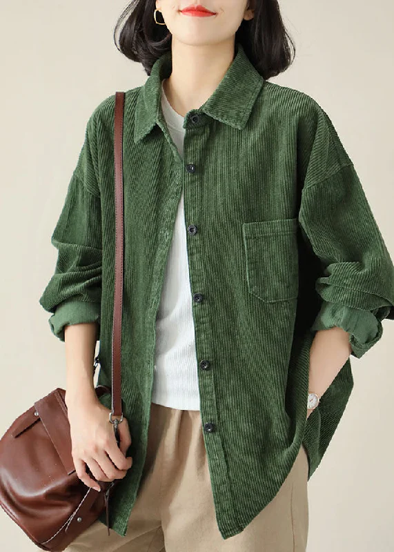 DIY Green Turn-down Collar Oversized Pocket Corduroy Blouse Top Spring Airy Cotton Blouse