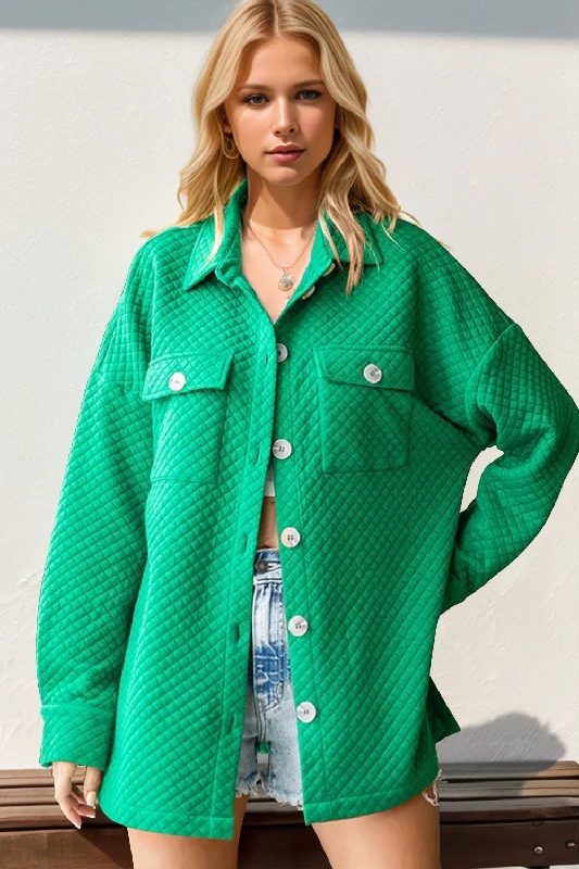 Double Take Full Size Textured Button Up Drop Shoulder Shacket Elegant Lace Blouse