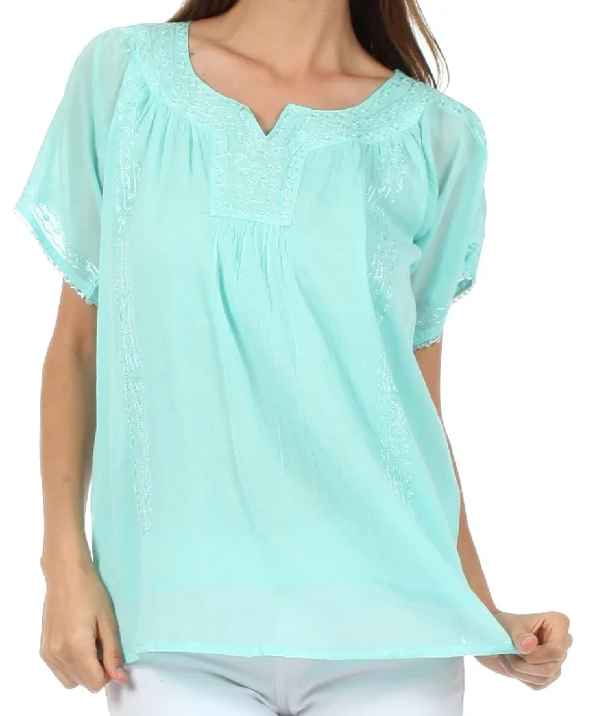 Sakkas Embroidered 100% Cotton Semi-Sheer Short Sleeve Gauzy Top / Blouse Classic Minimalist Blouse