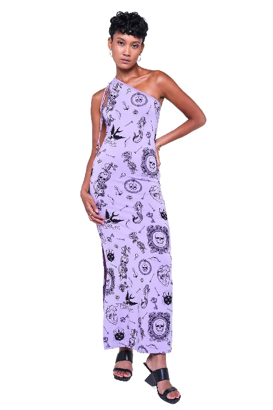 DROP ONE SHOULDER BACKLESS MAXI DRESS - LAVENDER TATTOO Elegant Velvet Maxi Dress