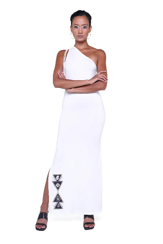 DROP ONE SHOULDER BACKLESS MAXI DRESS - OFF WHITE Elegant Boho Maxi Dress