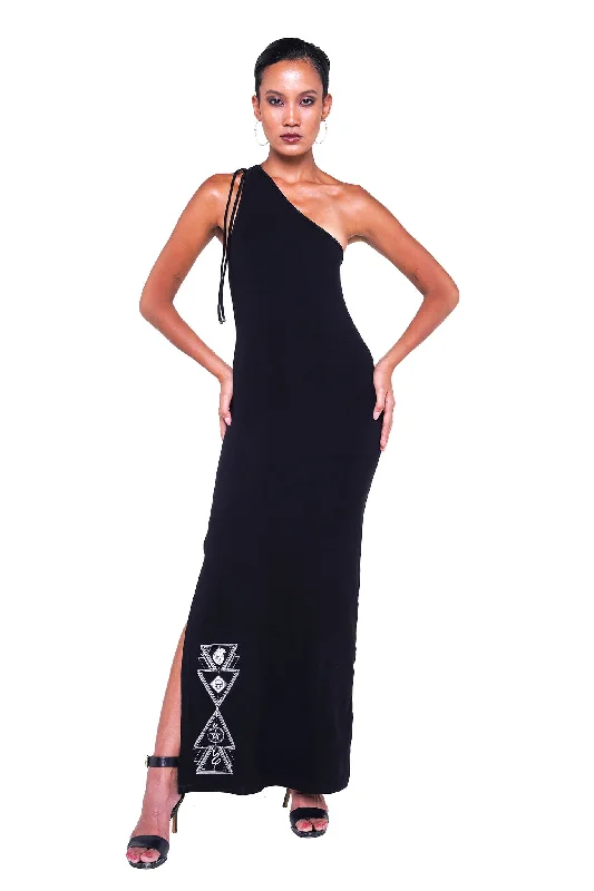 DROP ONE SHOULDER BACKLESS MAXI DRESS - BLACK Cozy Ribbed Maxi Dress