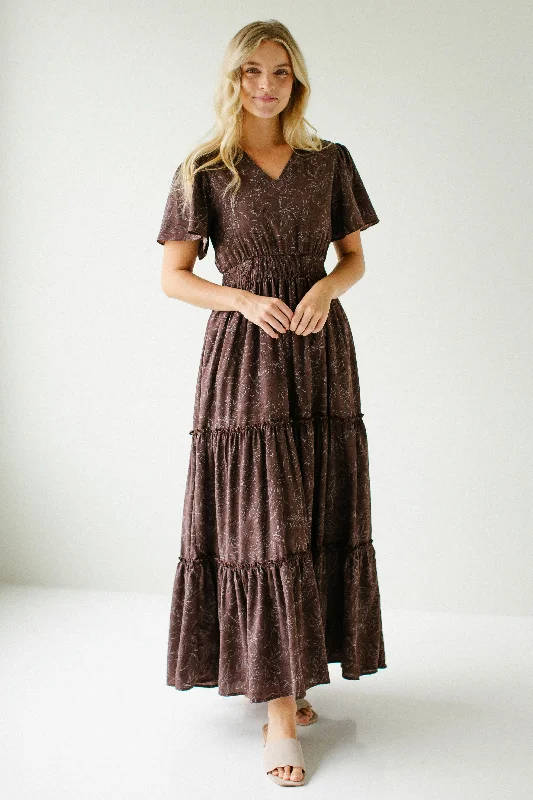 'Elizabeth' Floral Print Tiered Maxi Dress in Dusty Brown Casual Maxi Dress with Pockets