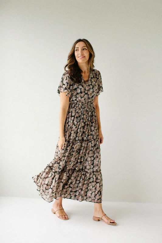 'Elizabeth' Leaf Print Tiered Maxi Dress in Black Trendy Maxi Dress with Bow