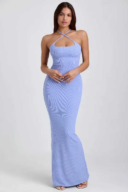 Ribbed Modal Halterneck Maxi Dress in Bluebell Elegant Maxi Dress with Slit