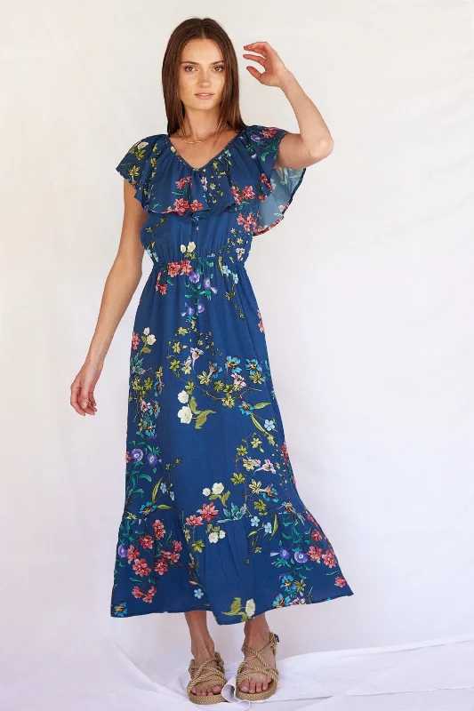 Fiesta Maxi Dress in  Navy Bloom Fashionable Open-Back Maxi Dress