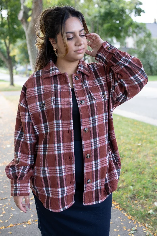 The Camryn Flannel Shacket in Apple Plaid Classic White Blouse