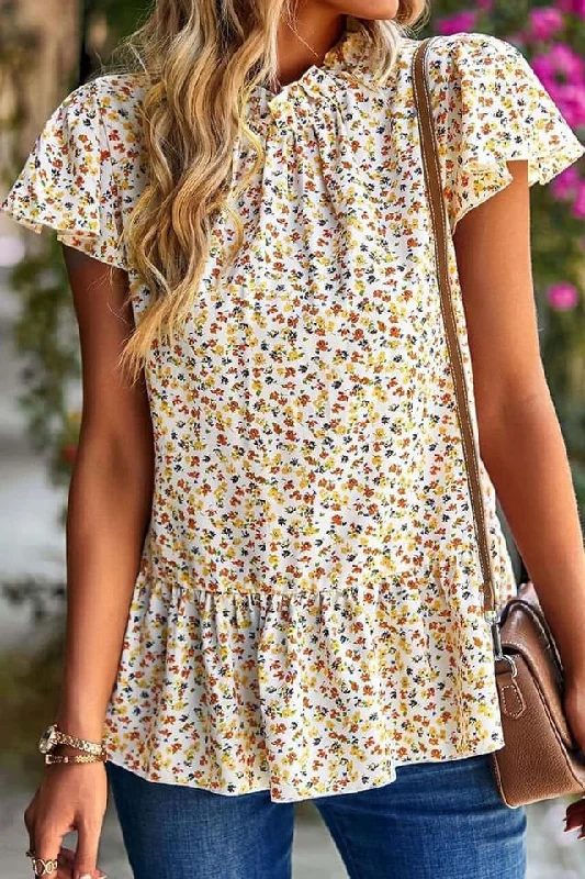 Floral Frilled Collar Ruffled Short Sleeve Blouse Floral Print Blouse