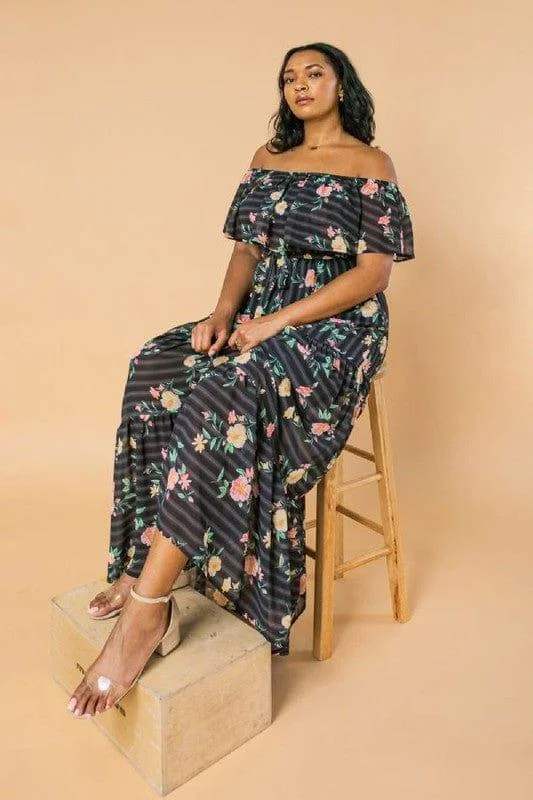 Flounce ruffle woven maxi dress Stylish Off-Shoulder Maxi Dress