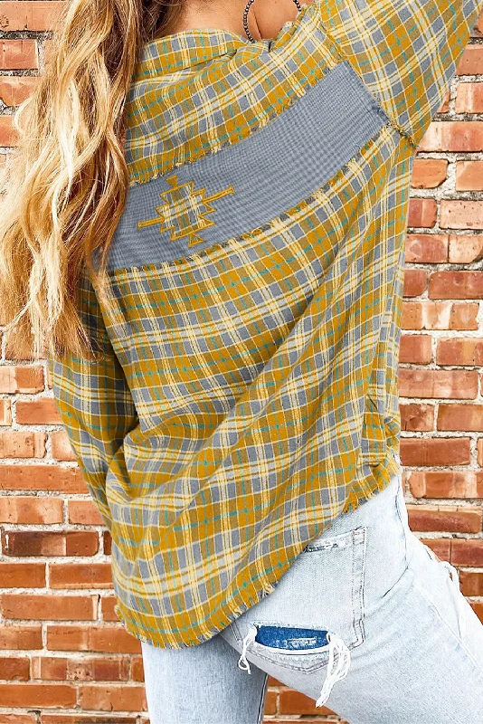 Ginger Plaid Embroidery Patch Button-Down Shacket Silky Tunic Blouse