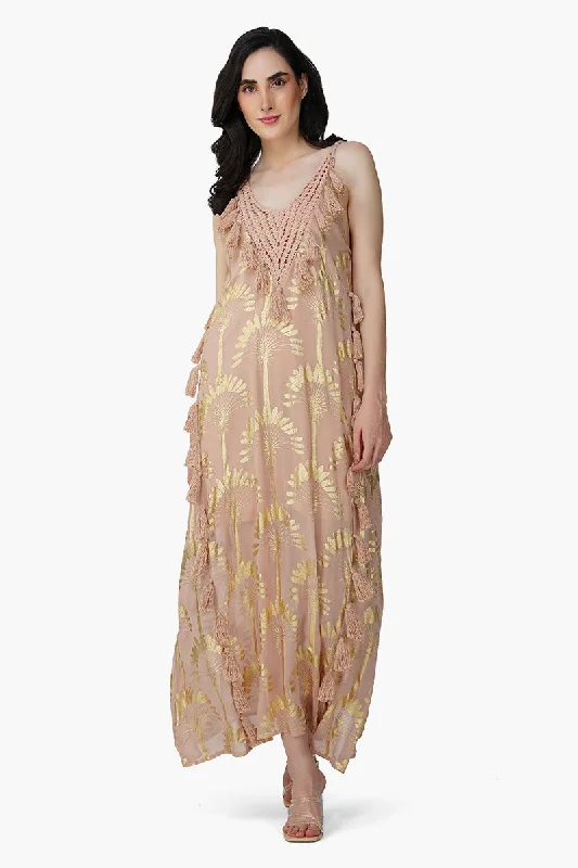 Golden Taupe Foil Printed Strap Maxi Dress Trendy Maxi Dress with Bow