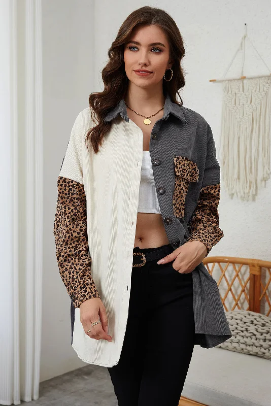 Gray Color Block Leopard Patched Corduroy Shacket Feminine Puff Blouse