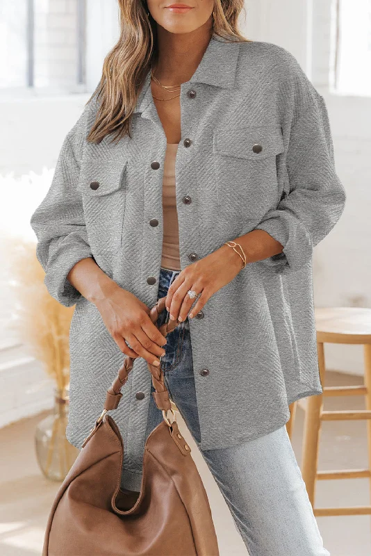 Gray Solid Textured Flap Pocket Buttoned Shacket Versatile Layering Blouse