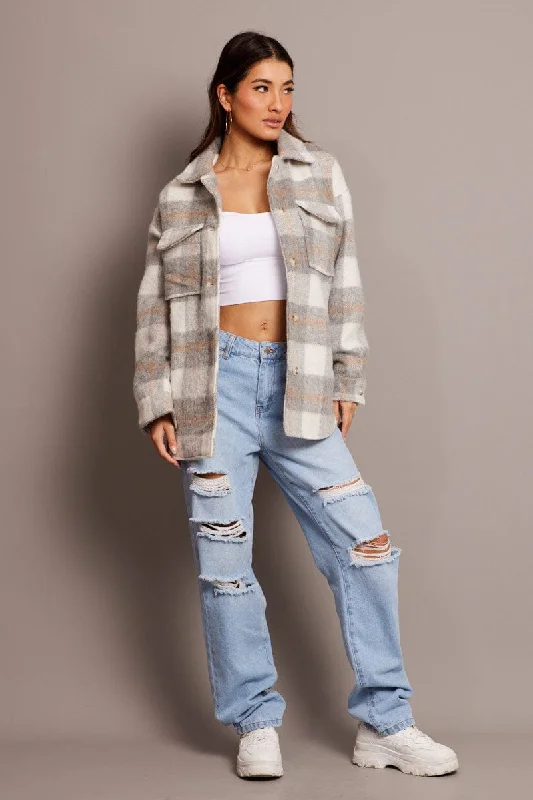 Grey Check Check Shacket Long Sleeve Vintage Polka Blouse