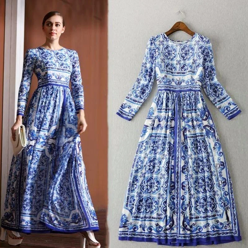 High Quality Women Vintage Ethnic Blue And White Porcelain Longuette Printing Dress Long Sleeve Round Collar Maxi Dresses S-XXL Comfortable Cotton Maxi Dress