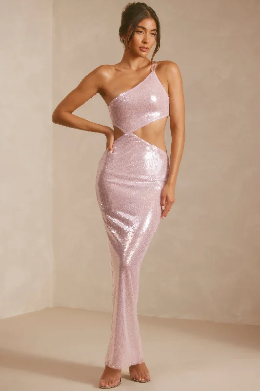 Sheer Sequin One Shoulder Cut Out Maxi Dress in Lilac Comfortable Long-Sleeve Maxi Dress