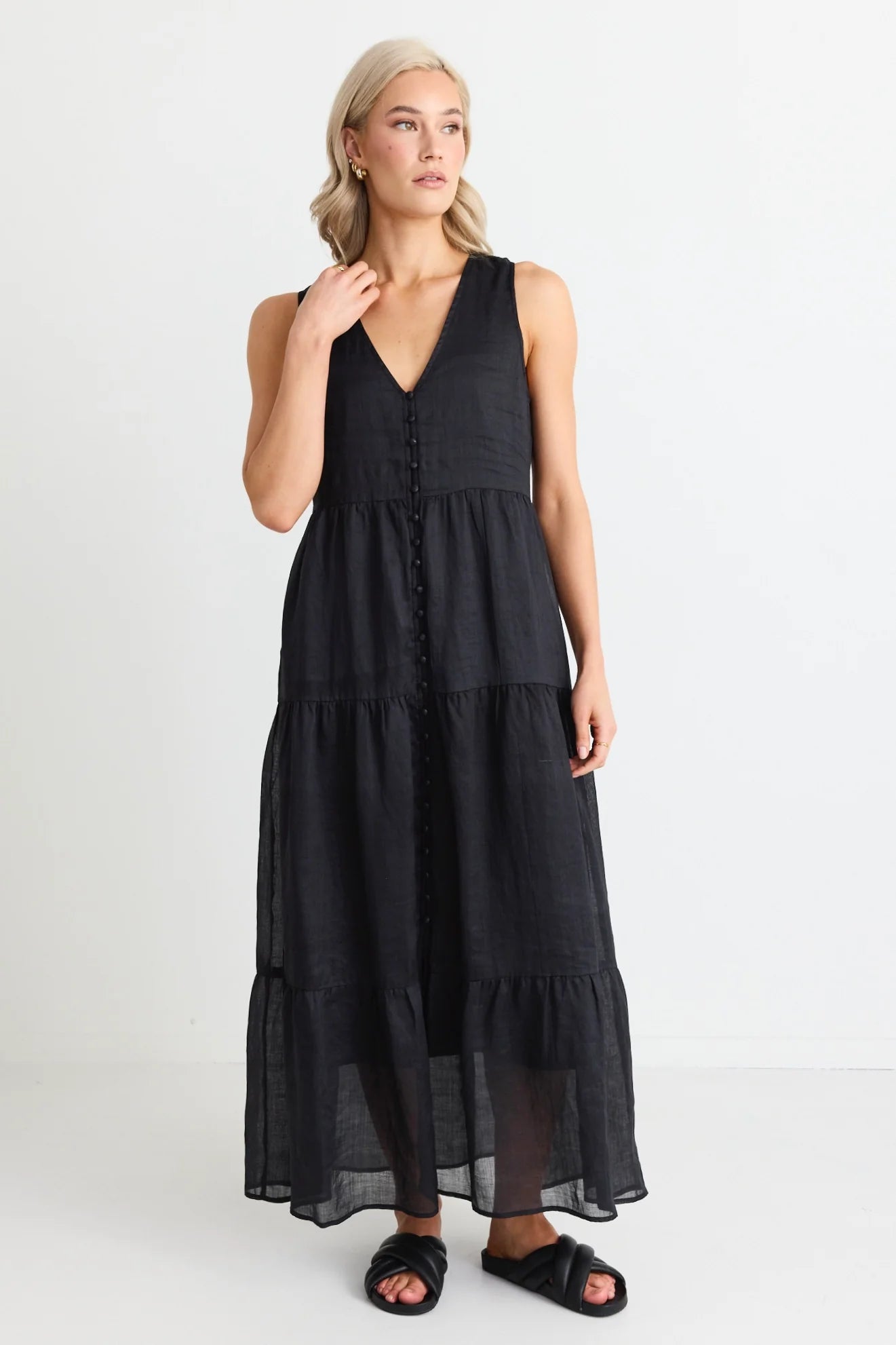 IVY + JACK - Pacific Cotton Voile Sleeveless Button Front Tiered Maxi Dress - Black Elegant Sleeveless Maxi Dress