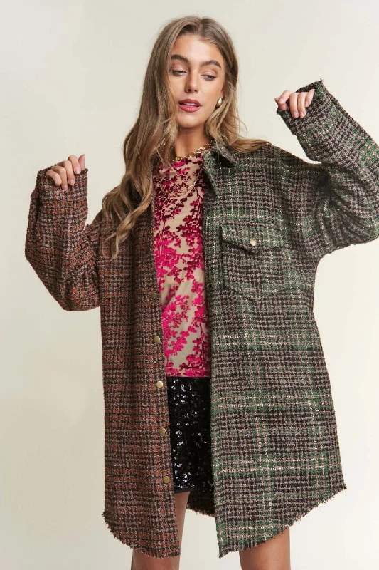 Misty Forest Green Snap Down Tweed Plaid Contrast  Longline Shacket Elegant Peplum Blouse