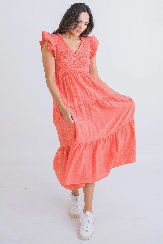 Karlie GAUZE VNECK SMOCK TIER MAXI DRESS Coral Stylish Maxi Dress with Pleats