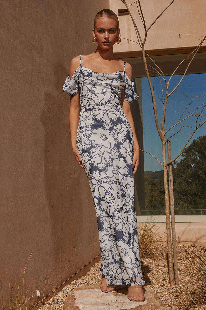 KELANI MAXI DRESS - NAVY FLORAL Trendy Short Sleeve Maxi Dress